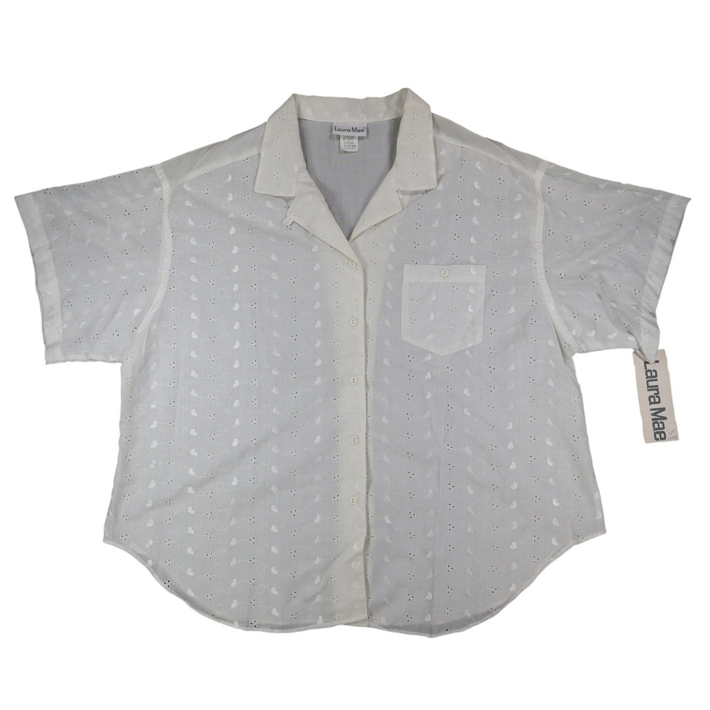 Laura Mae Shirt Womens 22W Vintage 80s White Eyelet Heart Embroidered USA NWT